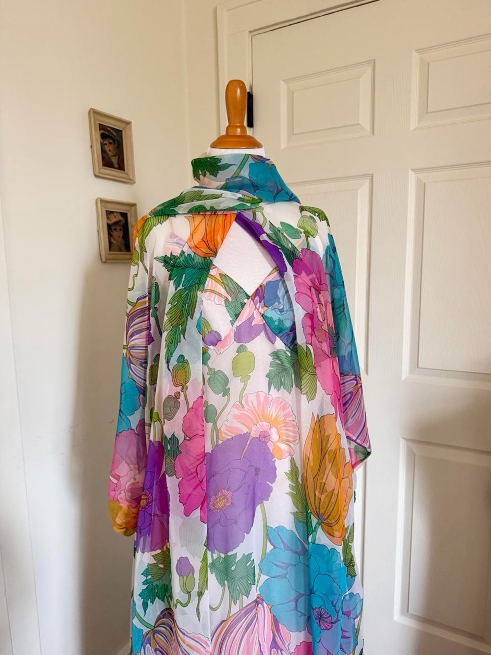 Dreamy Vintage 1970s Colorful Rainbow Floral Maxi Dress and Cape Set - Picture 3 of 7